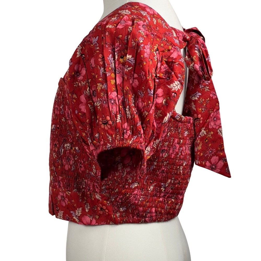 Band of the Free Joelle Crimson Pink Floral Smocked Crop Top Large Square Neck - Picture 3 of 9
